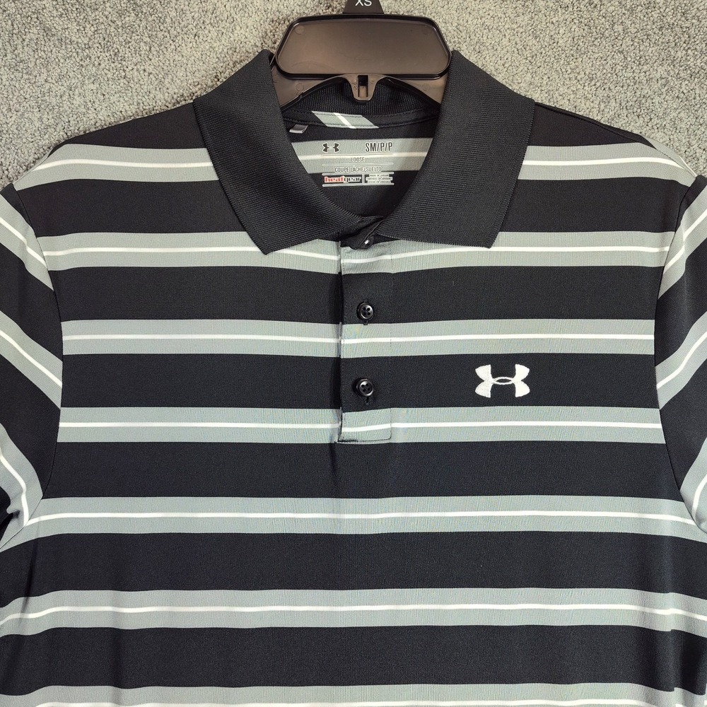 Under Armour Mens Shirt Heat Gear Loose Polo Striped Size S Black Casual Sports